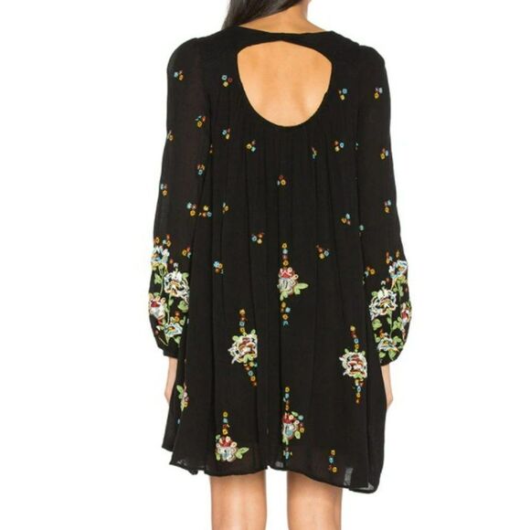 Free People Black Embroidered Shift Dress Bohemian Long Sleeve Gauze Flowy Swing - Picture 7 of 10